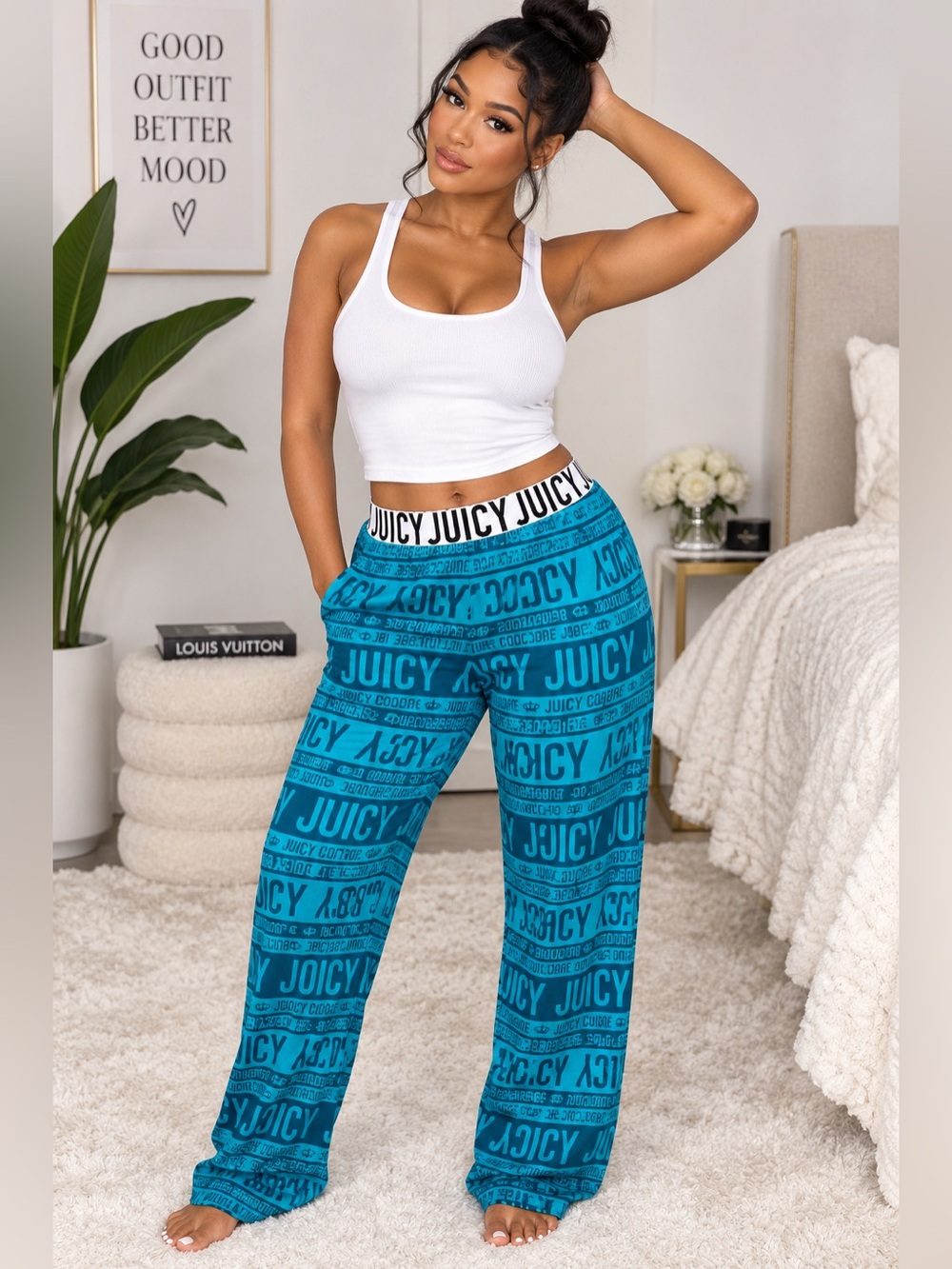 Juicy Couture Logo Print Lounge Pants Teal Y2K Pajama Bottoms